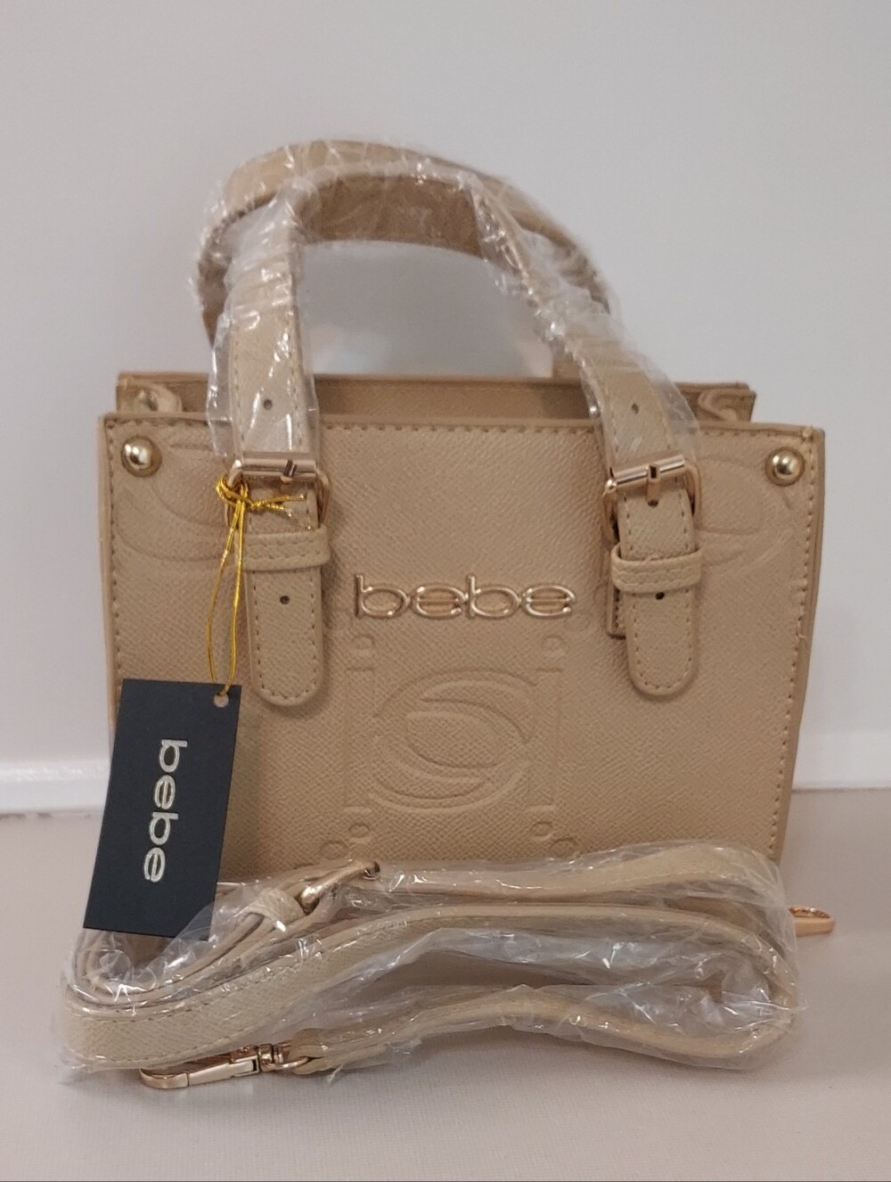 Bebe Zenia Mini Crossbody Satchel Bag with Gold Accents Almond/Tan~NWT